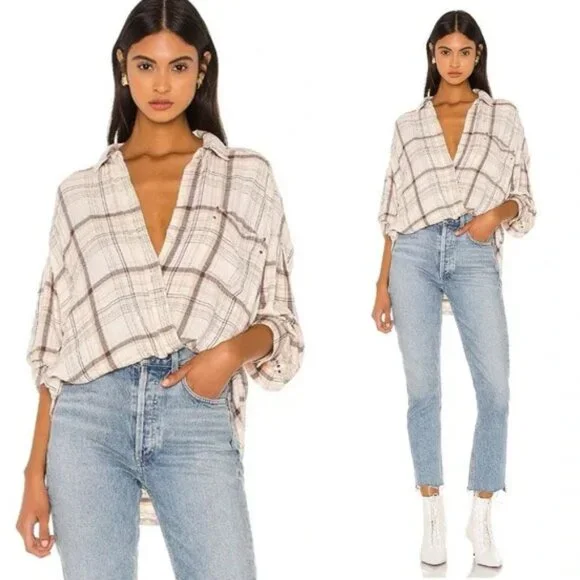Free People We The Free Hidden Valley Button Down Oversized Plaid Shirt Top S - Picture 5 of 16